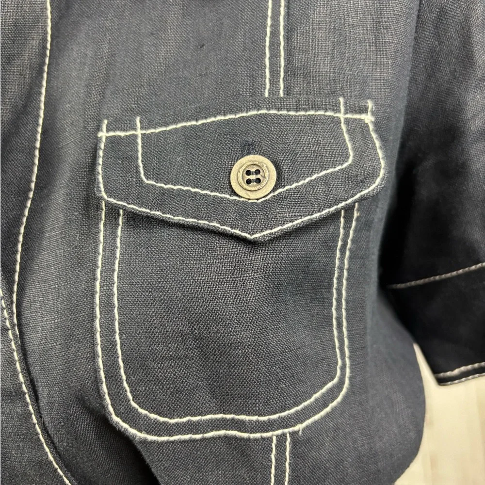 Linen Dress Button Up Navy White Stitching Belted - Picture 2 of 9